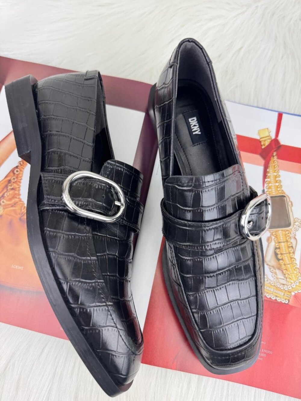 Women's DKNY Buckle Loafers Croc Embossed Shoes Size 8 EU 38.5B UK 5.5 Black